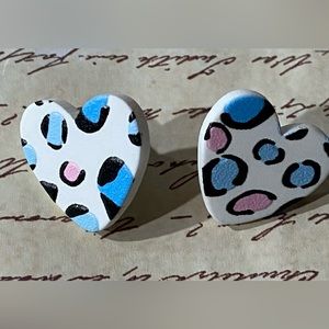 NWT White Blue Pink Cheetah Heart Wooden Earrings